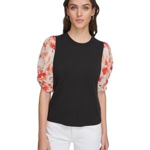DKNY Black Top with Floral Puff Sleeves